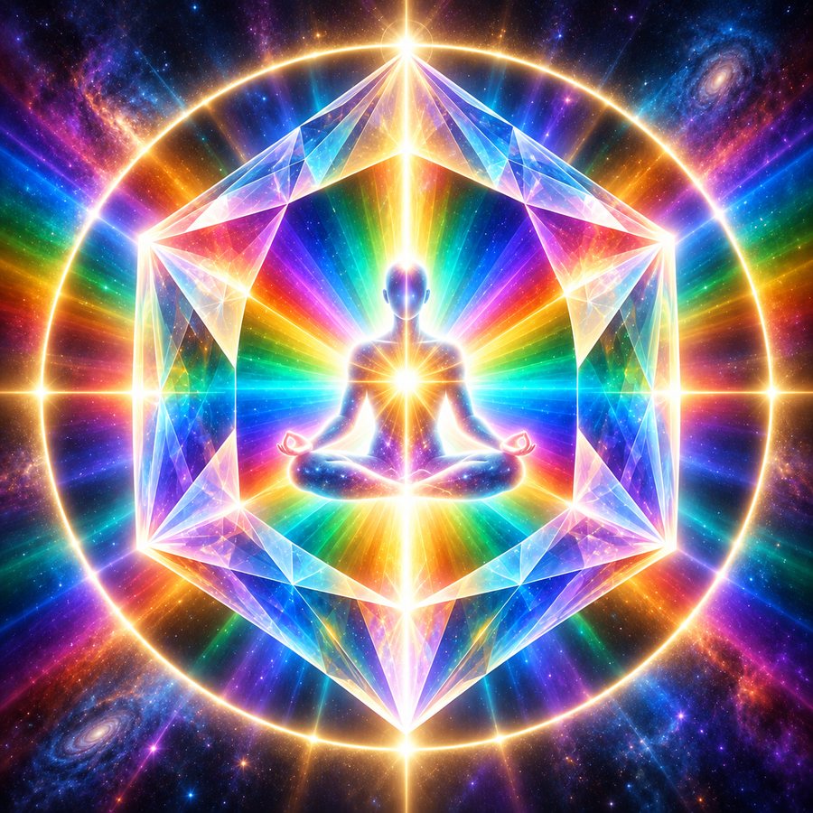 Rainbow prism surrounding a meditating human figure beneath a cosmic sky